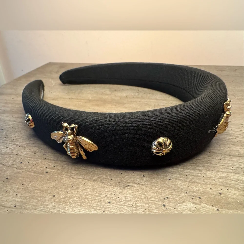 Black Headband with Gold Bee Accents